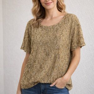 Gold Metallic Lace Overlay Blouse XL Lined Dressy Holiday Party Top